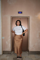 Tan-Black Spot Bias-Cut Midi Skirt